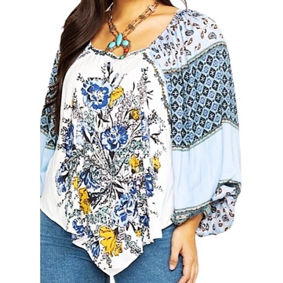 Free People Positano Printed Blouse Ivory Multi XS Boho Patchwork Balloon Sleeve - Picture 2 of 9